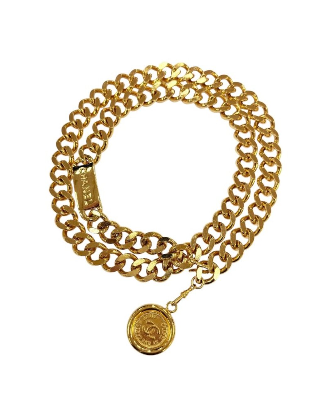 Chanel Vintage Metal Logo Plate CC Coin Chain Belt Gold